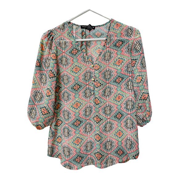 living doll Tops - Living Doll Casual Aztec Print Chiffon Blouse Size XS Women's